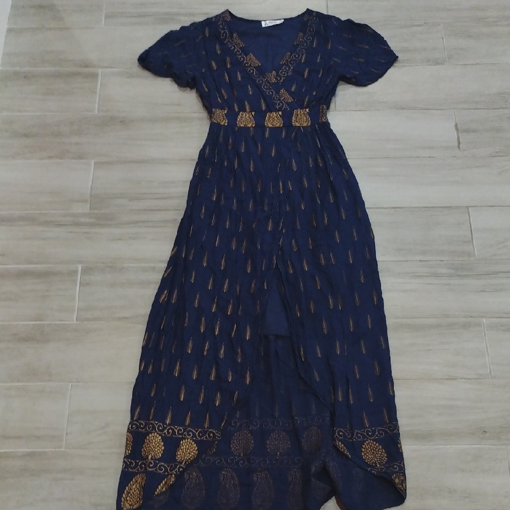 Navy Blue Maxi Dress with Gold Accents